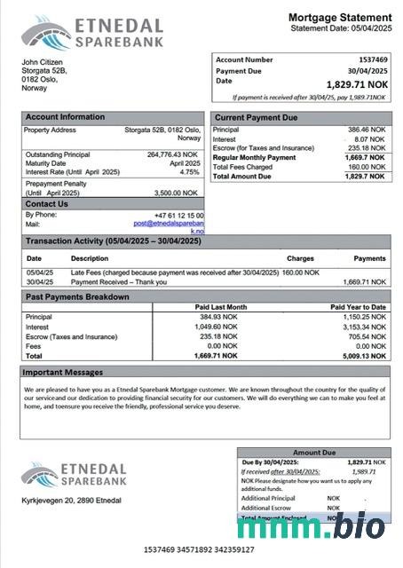 Norwegia Etnedal Sparebank wyciąg z kredytu hipotecznego szablon Word i PDF